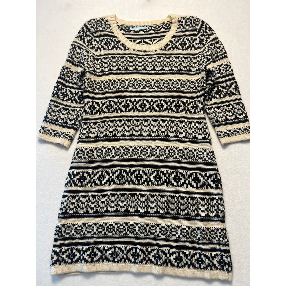 Maurices Juniors L/W Sm Sweater Dress Boho Fair Isle Black Cream 3/4 Sleeve Knit